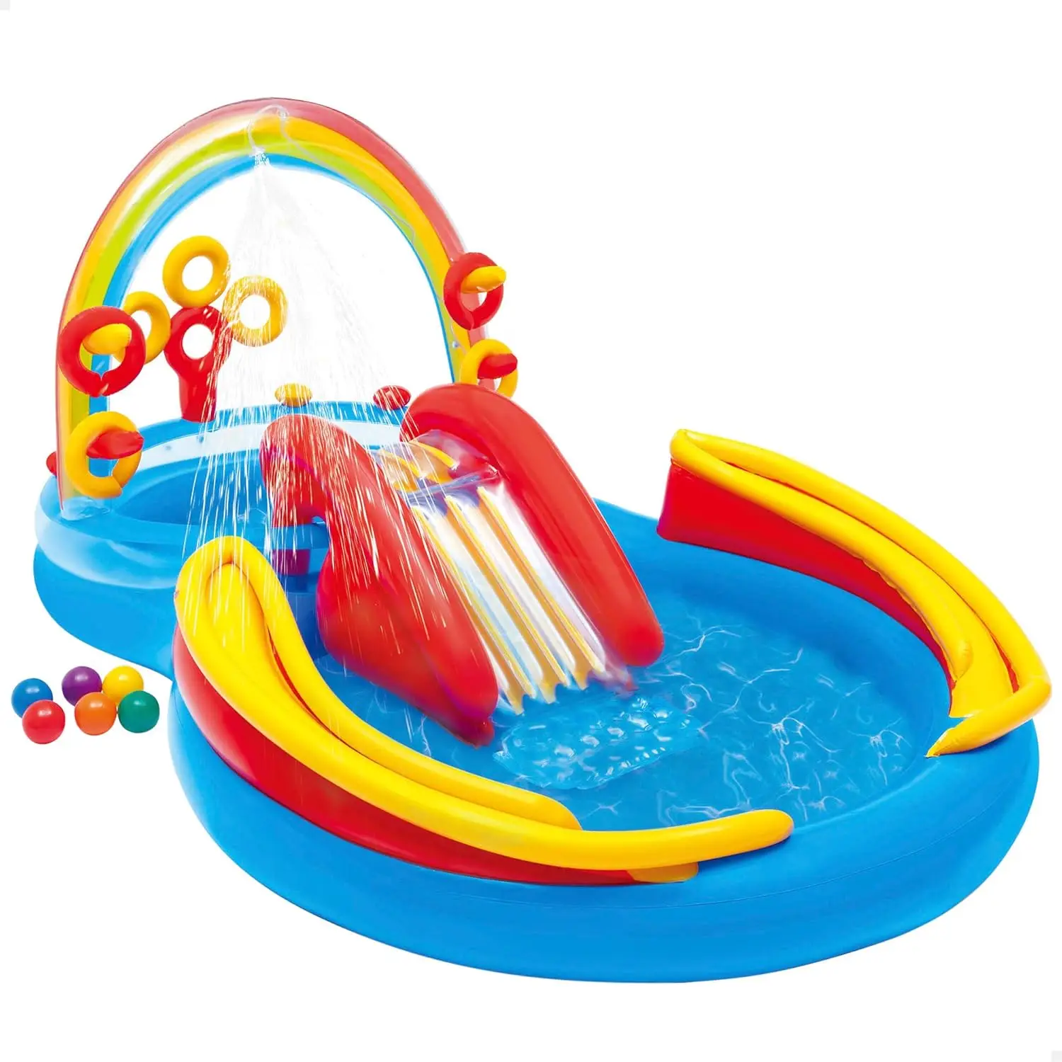 Piscina inflable multicolor con tobogán de agua y juego de lanzamiento de aros para niños mayores de 2 años, de 9.75 pies x 6.3 pies x 53 pulgadas.