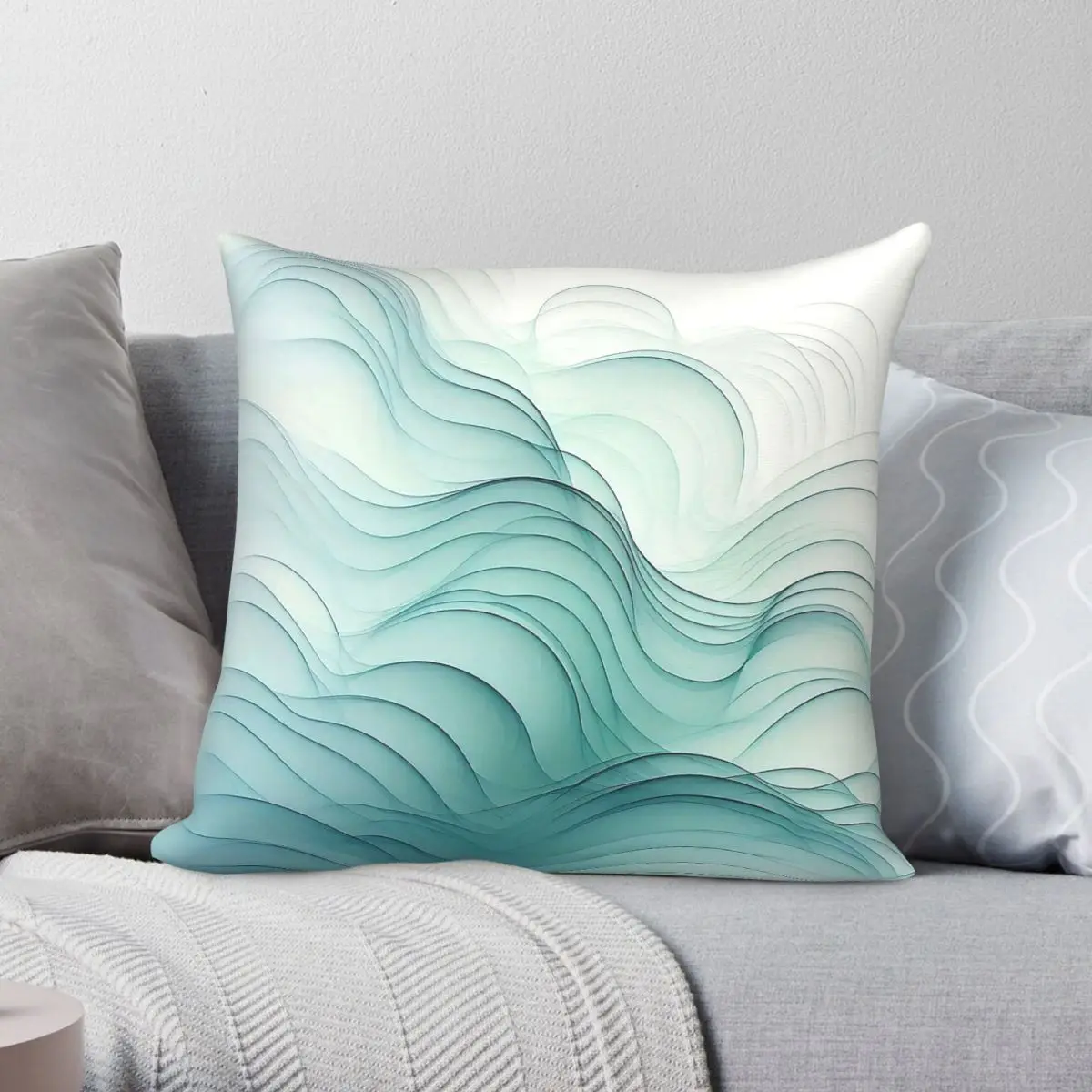 Housse de coussin décorative à fermeture éclair en polyester, lin et velours, motif Vagues Glacées Zen Tranquille, pour lit et canapé