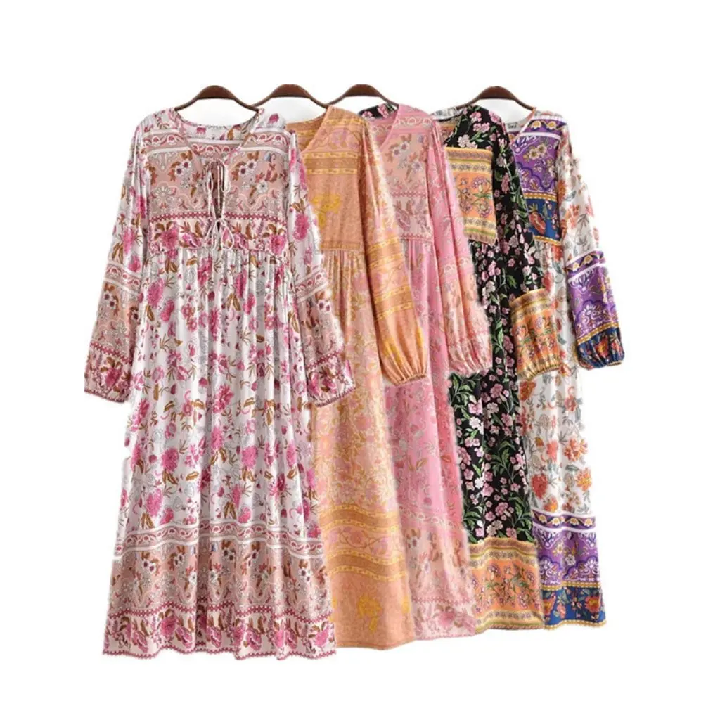 レディース ヴィンテージ コットン プリント ドレス ウィッシュ ルーズ ボヘミアン ロング レースアップ スタイル