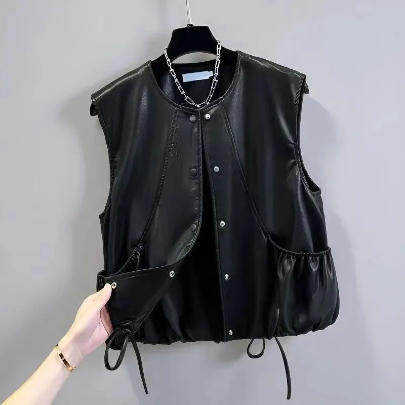 

Fashion Black Brown Pu Leather Vest Coat Women's Clothing Spring Autumn Premium Motorcycle Short Sleeveless Leather Jacket top