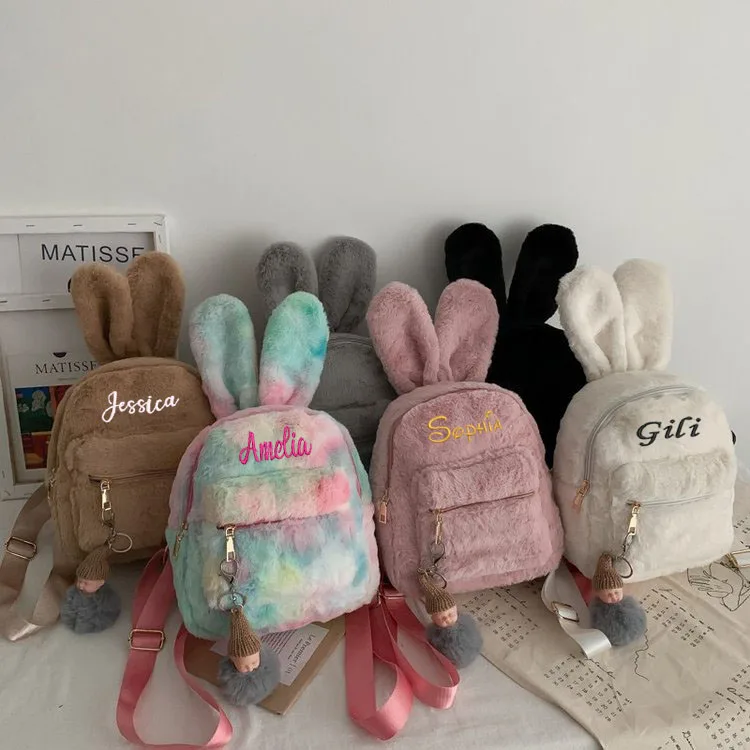 Personalized Embroidery Kawaii Plush Bunny Backpack Faux Fur Mini Backpack Rabbit Ear Women Travel Shoulder Bags Plush Backpack