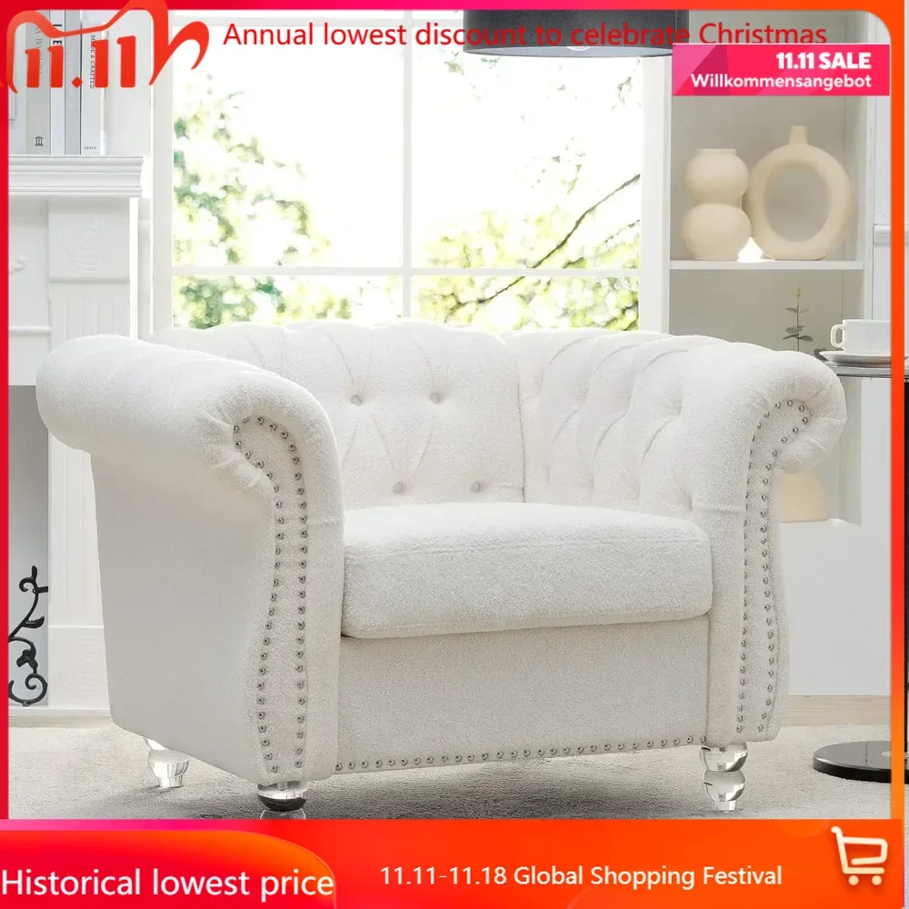 

Accent Chair, Chesterfield Chair Modern Velvet Upholstered Chair with Tufted Back for Living Room Furniture (White)