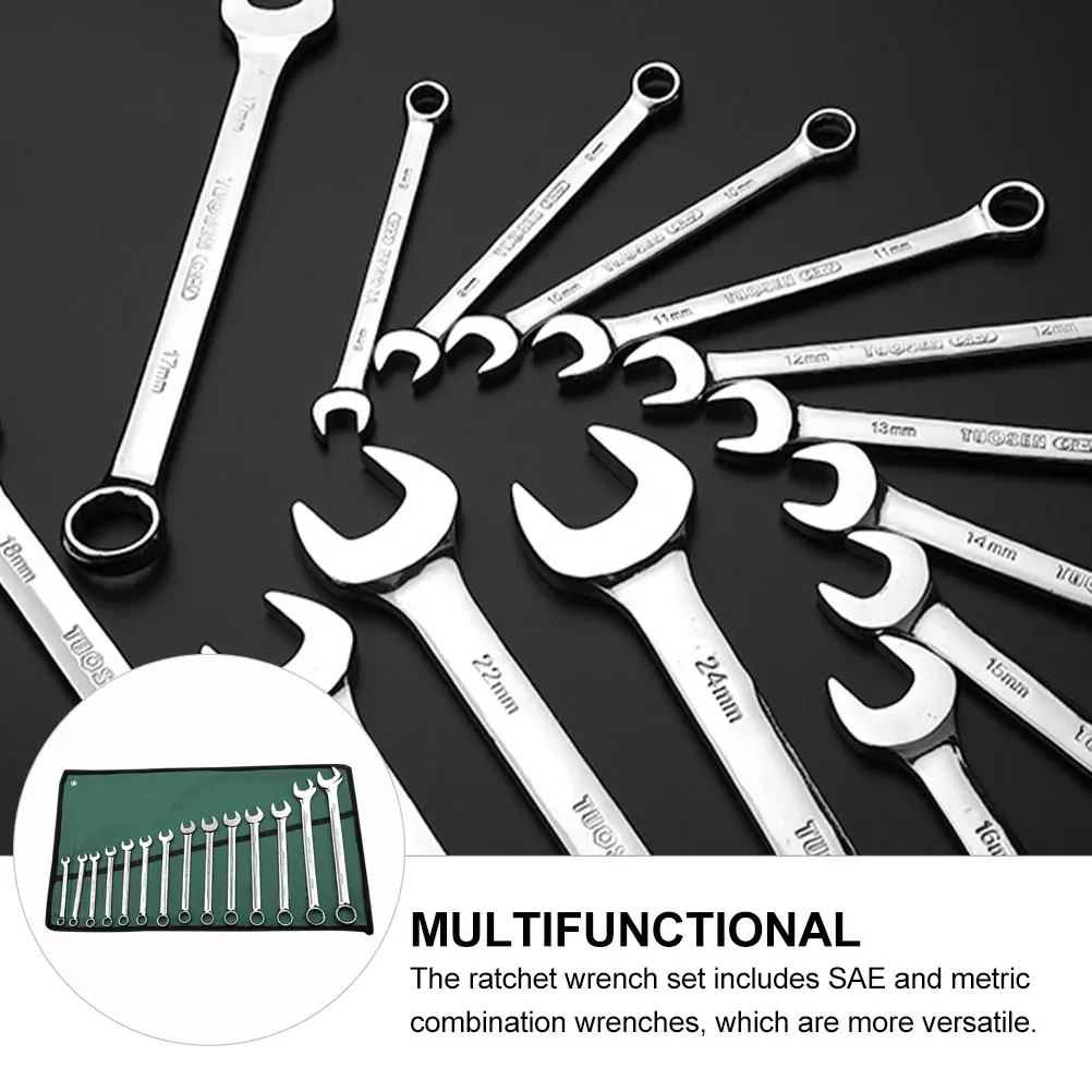 

14Pcs Adjustable Wrench Set 8-24Mm Dual Sae Metric Ratchet Combo Wrenches Swing Arc for Auto Repair Tool Kit