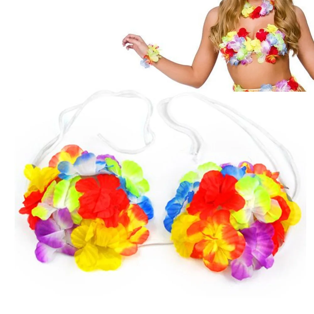 Hawaiian Luau Party Decorations Costumes Set with 60CM Length Skirt + Headwear Headband + Lei Garland + Wristbands + Bra