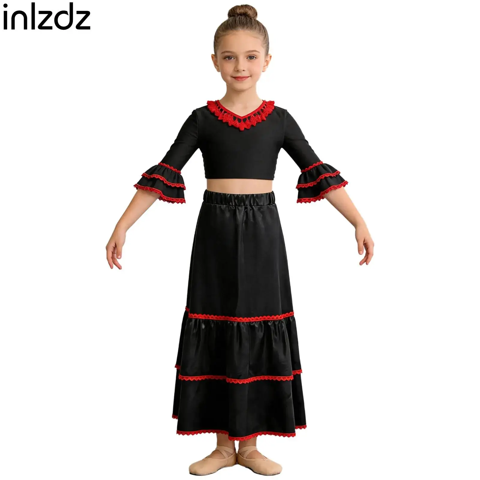 

Kids Girls Spanish Flamenco Dance Performance Competition Outfit Tassel Half Sleeves Crop Top+Skirt Set Festival Party Dress Up