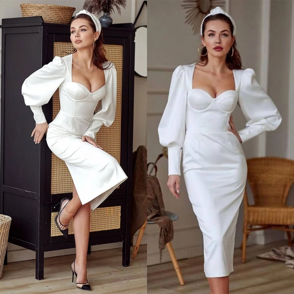 

Customized Temperament White Satin Evening Dress Exquisite Long Sleeves Homecoming Dresses Luxury Special Occasion Gowns