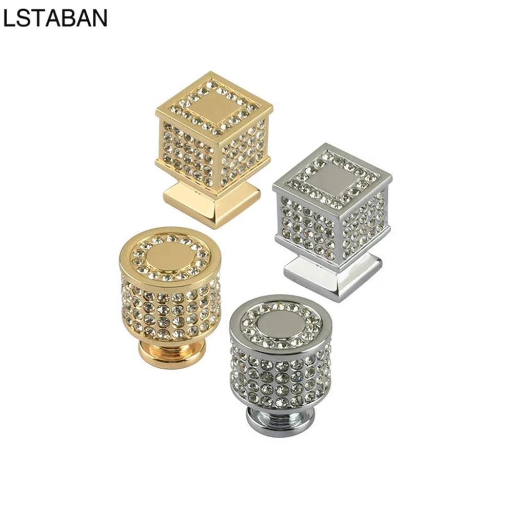 Light Luxury Diamond Cabinet Handle K Gold Crystal Door Knob Zinc Alloy Gem Round Square Shining Drawer Wardrobe Push Pull Knobs