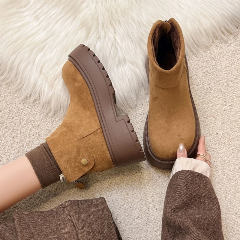 الشتاء سميكة وحيد النساء الفراء حذاء من الجلد موجزة حزام مشبك الانزلاق على الأحذية الإناث خمر الدفء أفخم الجوارب القصيرة