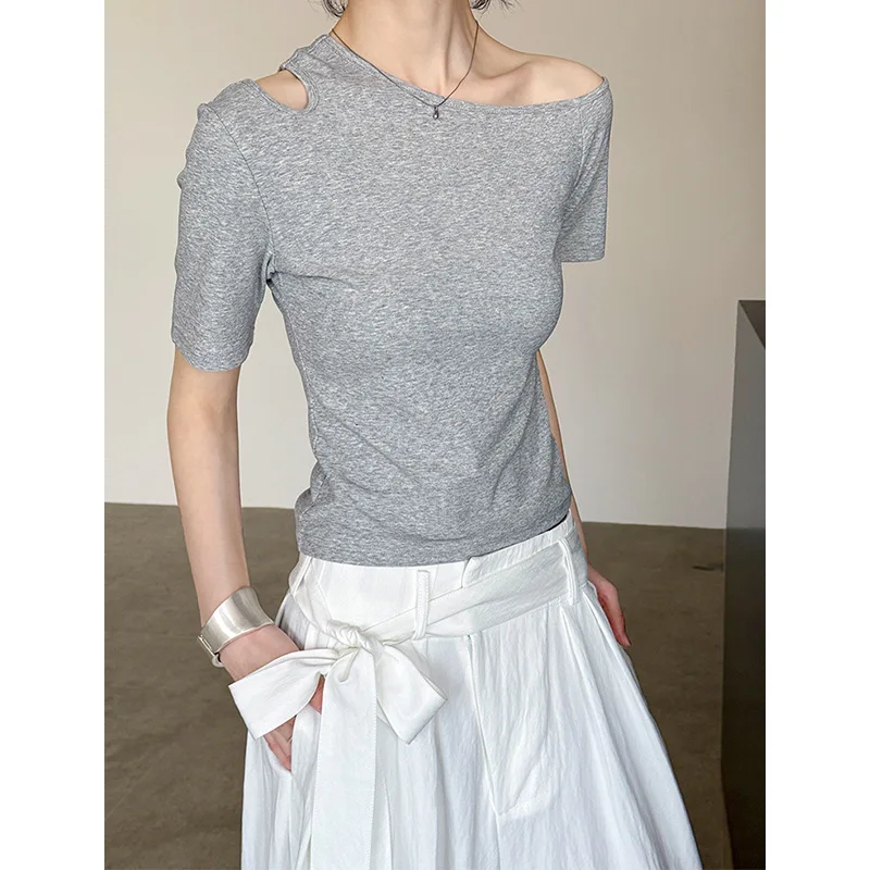 Spring New Design Off-shoulder Top T-shirt One-Shoulder Asymmetric Slim and Short Sleeve