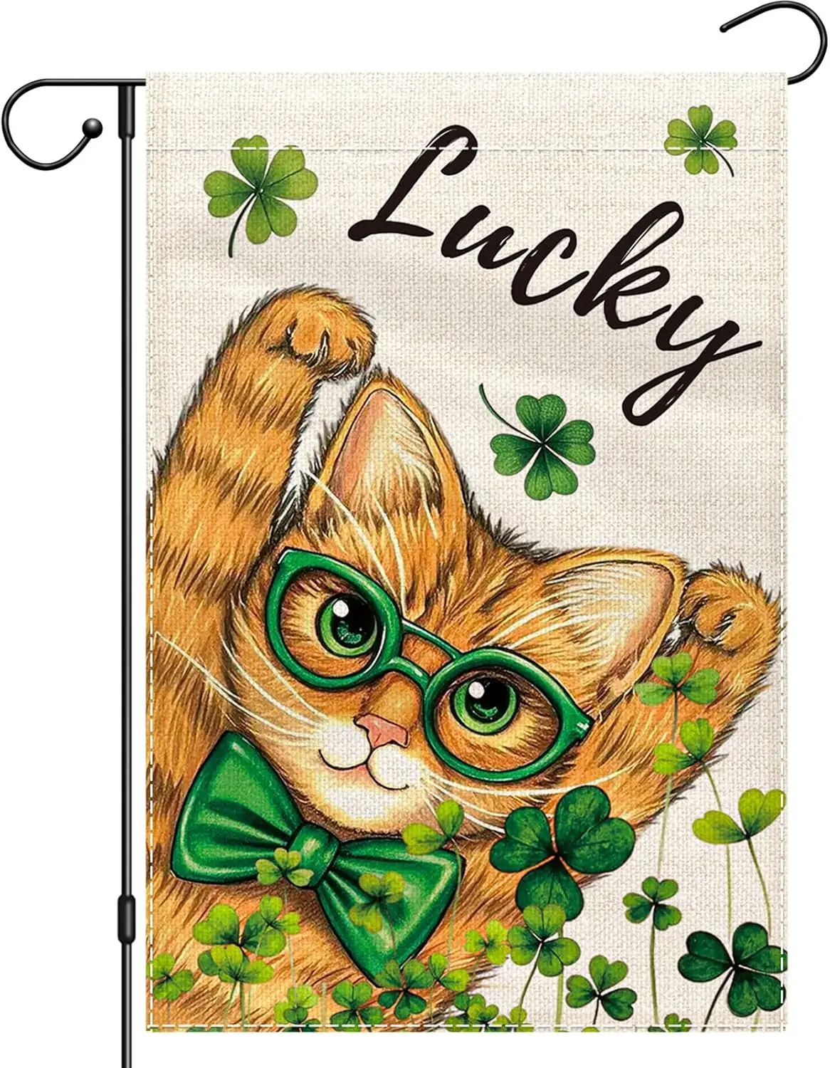 St Patricks Day Cat Garden Flag 12x18 Double Sided, Green Hat Lucky Shamrocks Yard Flags for Outdoor Decor, Small Seasonal B yyi