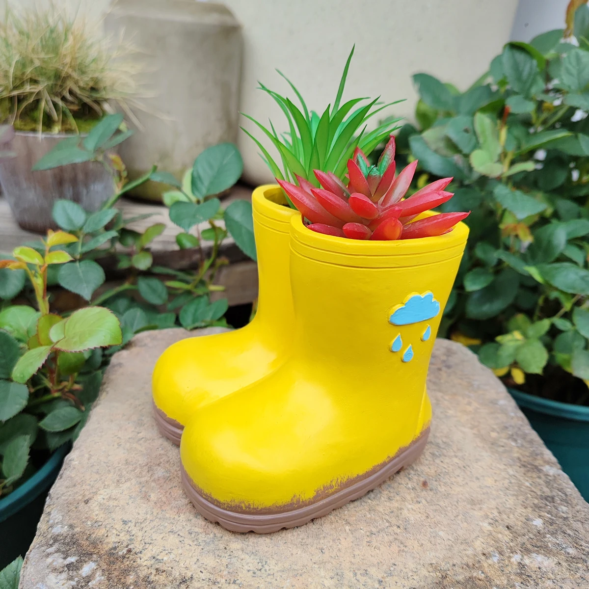 1pc Yellow Rain Boots Resin Craft Flower Pot, Spring Garden Pastoral Courtyard Gardening Creative Boots Decoration, Flower Seed