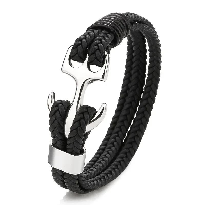 

Light luxury fashion retro hand-woven leather rope anchor stainless steel charm bracelet for men, bangle