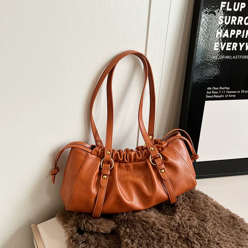 ريترو خمر حمل حقيبة المرأة سعة كبيرة بولي Leather الجلود بوسطن Ruched حقيبة مشبك إغلاق حقيبة هوبو بلون للسفر في الهواء الطلق #3