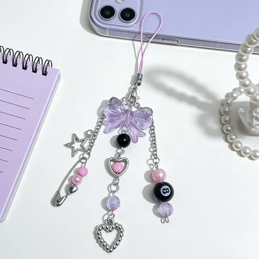 New Sweet and Spicy Y2K Phone Charm Bow Heart Star Keychain Metal Bracelet Beaded Keychain Black 8 Phone Chain Bag image 3
