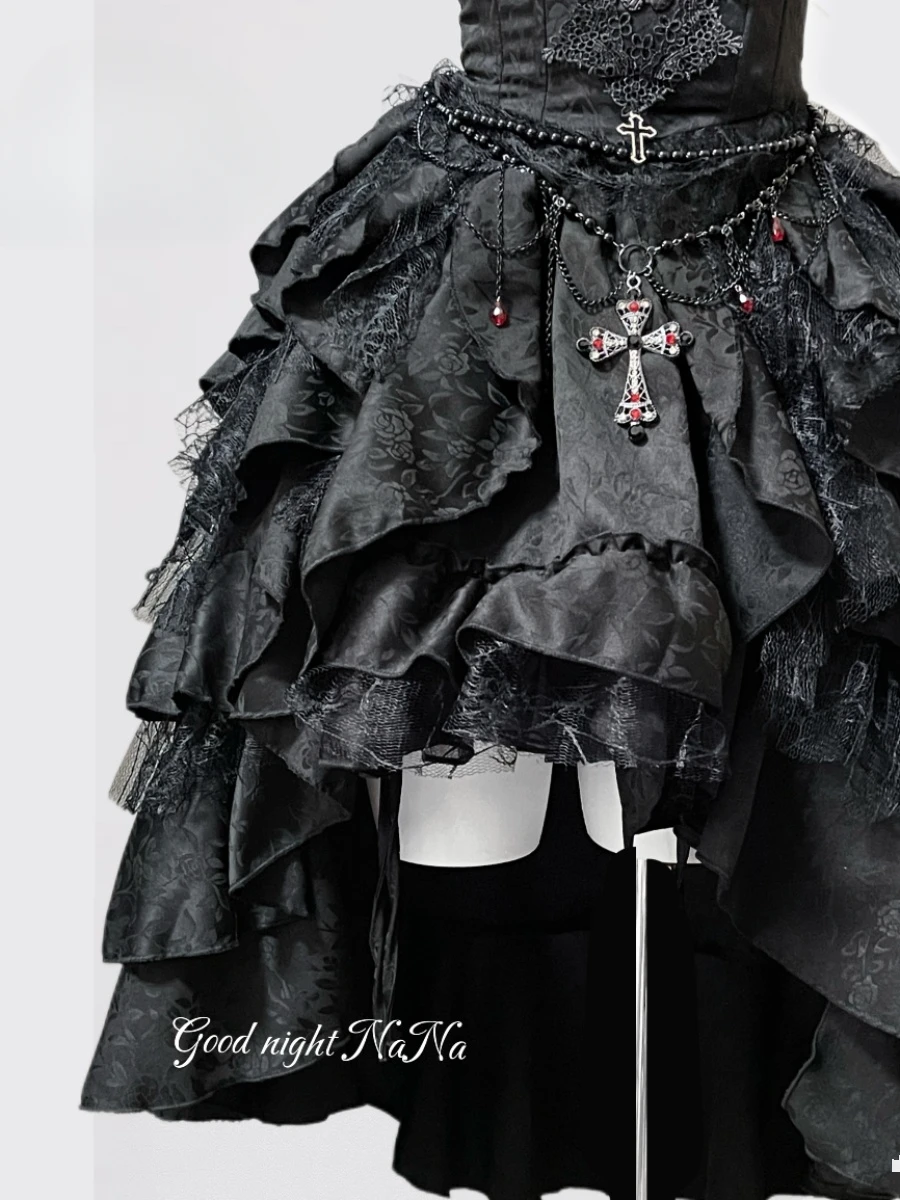 Women's Dark Gothic Vintage Lace Short Sleeve Shirt Lady High Waist Slim Irregular Heavy Industry Lolita Skirt Y2k Necklace 2024