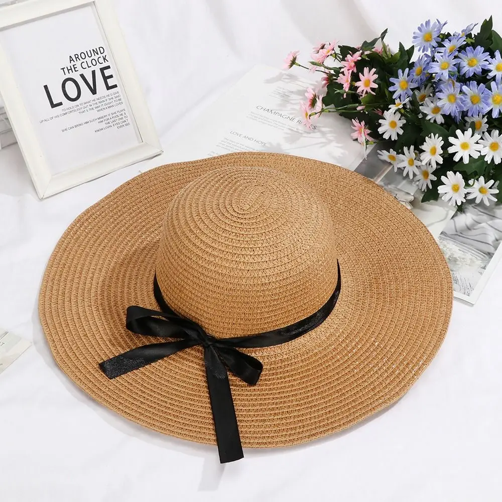 Women Beach Hat Foldable Floppy Straw Caps Big Wide Brim Summer Bow Cap Straw Cap Sun Hat