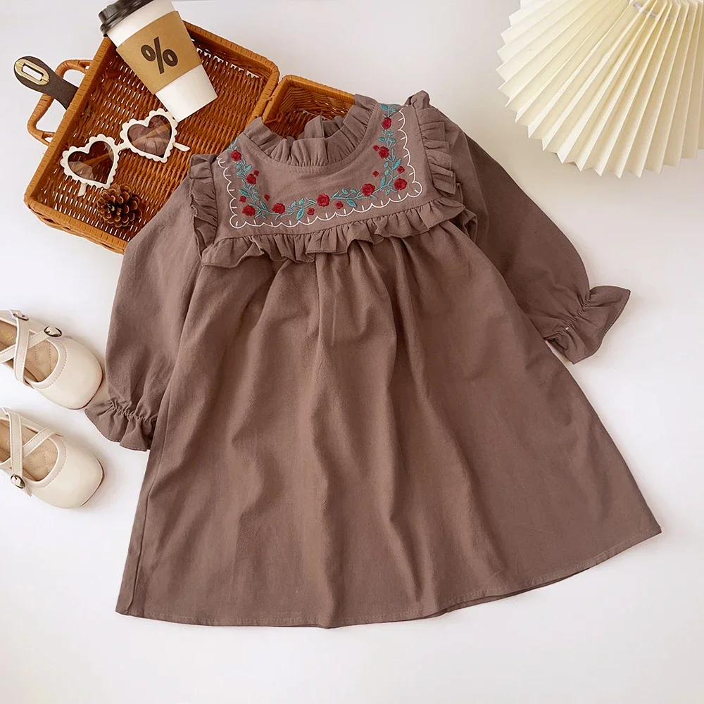 2023 New Spring Autumn Flower Embroidery Design Girls' Dress French Round Neck Ruffle Cute Girls' Long Sleeve Skirt