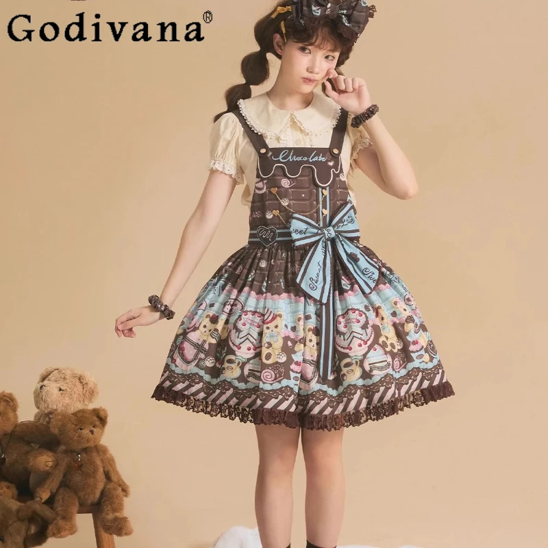 

Original Sweet Lolita Dress Jsk Spring and Summer New Girls Cute Bear Print Kawaii Bow High Waist Elegant Short Dresses Women
