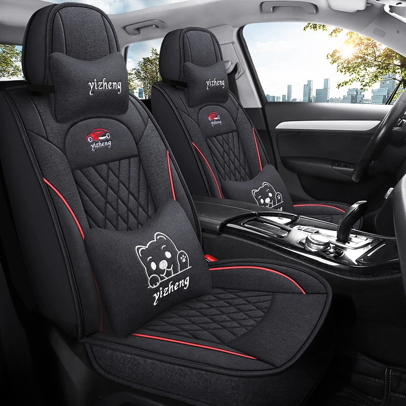 Linen material front two-seat car seat covers, cartoon headrests and lumbar supports, universal style, suitable for most models