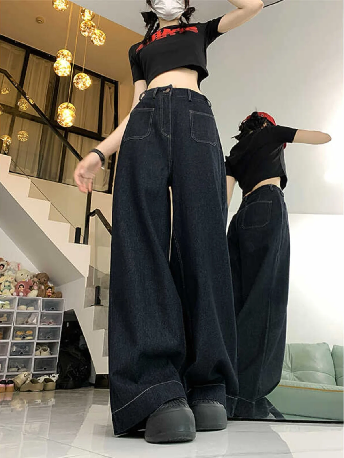 American Retro Wide Leg Denim Jeans Women's High Waist Loose Straight Floor-Length Pants Spring Autumn plus Size Slimming