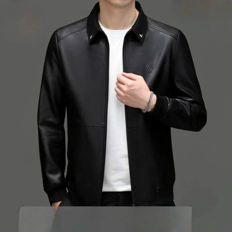 2023 New men Winter Faux Leather clothing short thin Overcoat plus fleece thick Jacket turn-down collar loose fashion Outwear