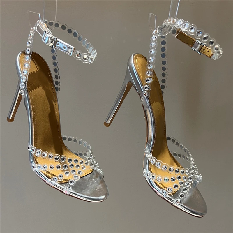 Bling Bling Crystal Sandals for Women Silver High Heels Strappy Beaded Bride Wedding Dress Shoes Ladies Pumps Sexy PVC Stiletto