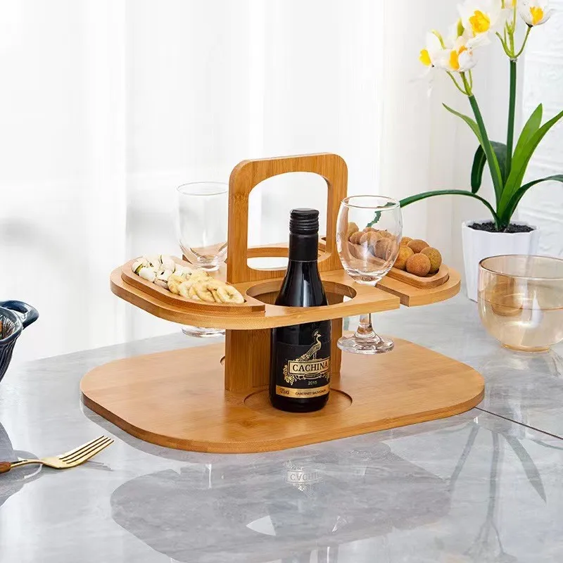 Natural solid wood portable double bottle wine rack, detachable fruit snack tray, hanging wine glass racks