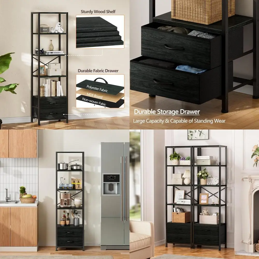 

5-Tier Narrow Bookshelf with 2 Drawers, 65.16 Tall Wooden Display Shelf for Living Room or Bedroom (Black Oak)
