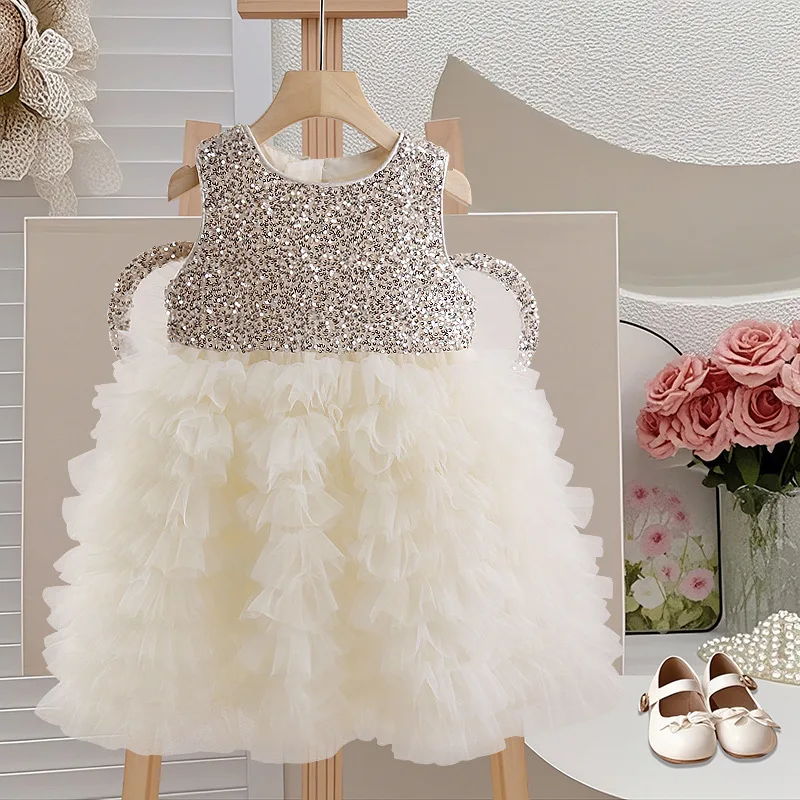 

2025 New Girls Sequin Princess Dress Spring Summer Kids Puff Wings Angel Tulle Wedding Party Gown