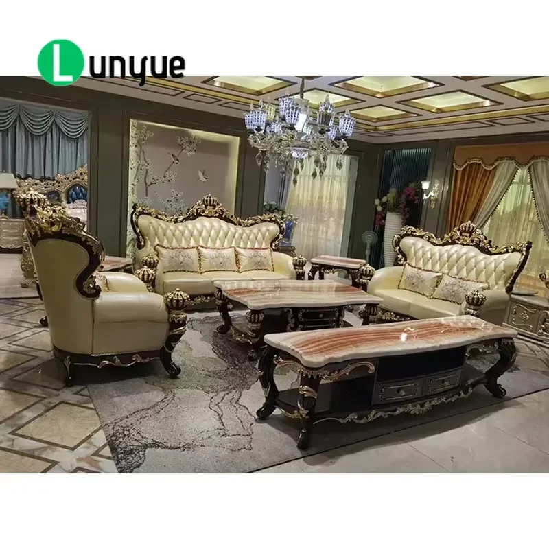 European Classic Royal Solid Wood Carved Leather Sofa Set Luxury American Style 1 2 3 Seater for Villa Living Room Furniture
