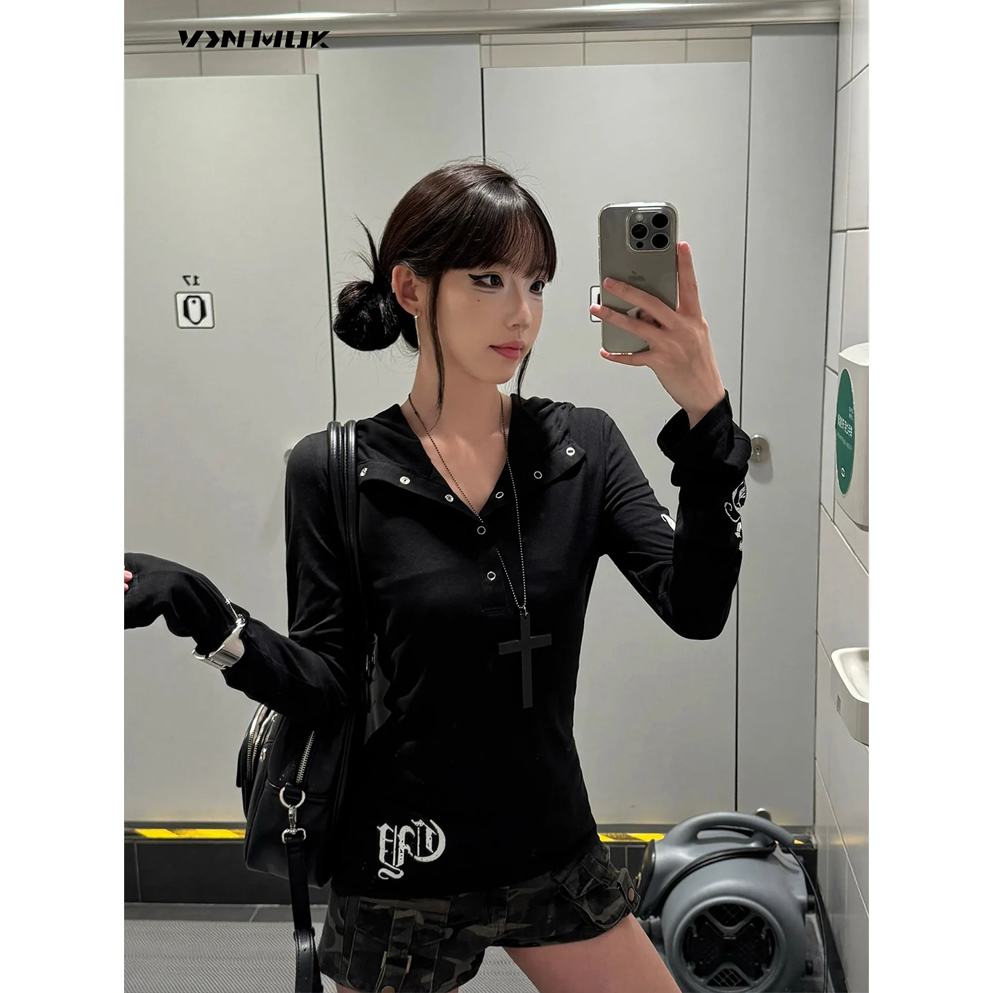 Damskie koszulki z długim rękawem w stylu amerykańskim, zimowe, termiczne, luźne, wygodne, retro, grunge, urban, uniwersalne, z pluszowego polaru, zapinane na zamek.