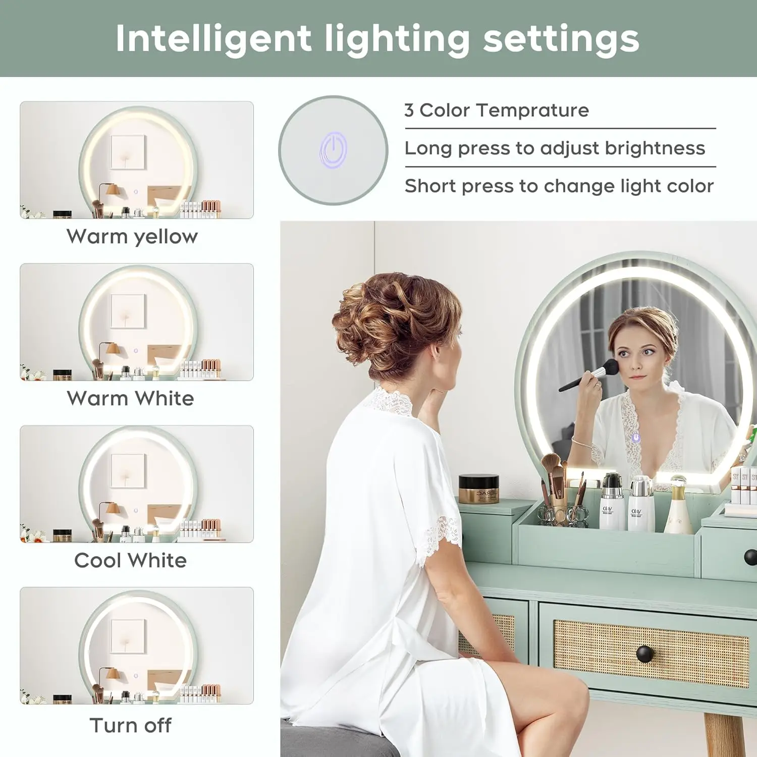 Bedroom Natural Rattan Mint Vanity Desk with Adjustable Lighted Mirror view 3