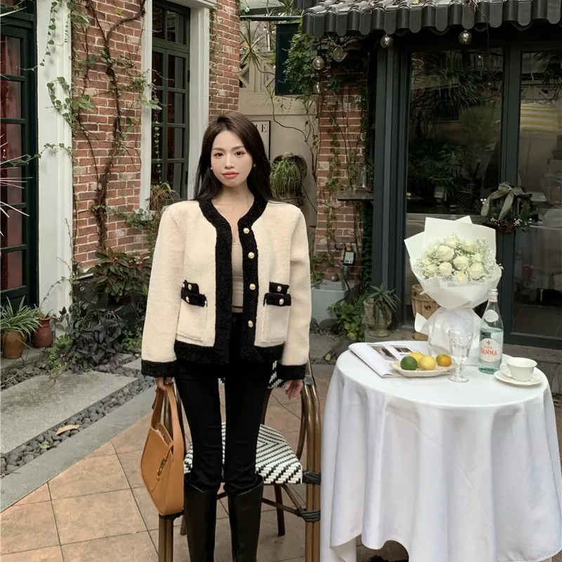 لون Blo Lamb Fur ort Jaet Thi ملابس خارجية دافئة لخريف وشتاء جديد Sle صغير Fraance Wind Top للنساء