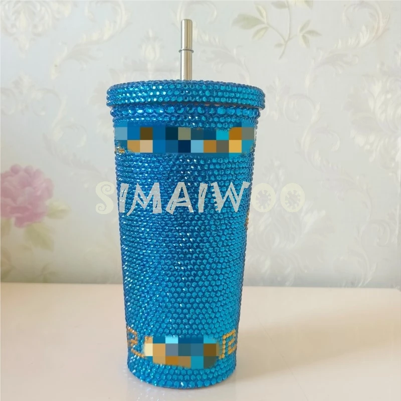 Luxury Glass Rhinestone Blue Straw Cup Blinged Thermal Insulation Water Bolltle Stainless Steel 500ml Coffee Mug Christmas Gift