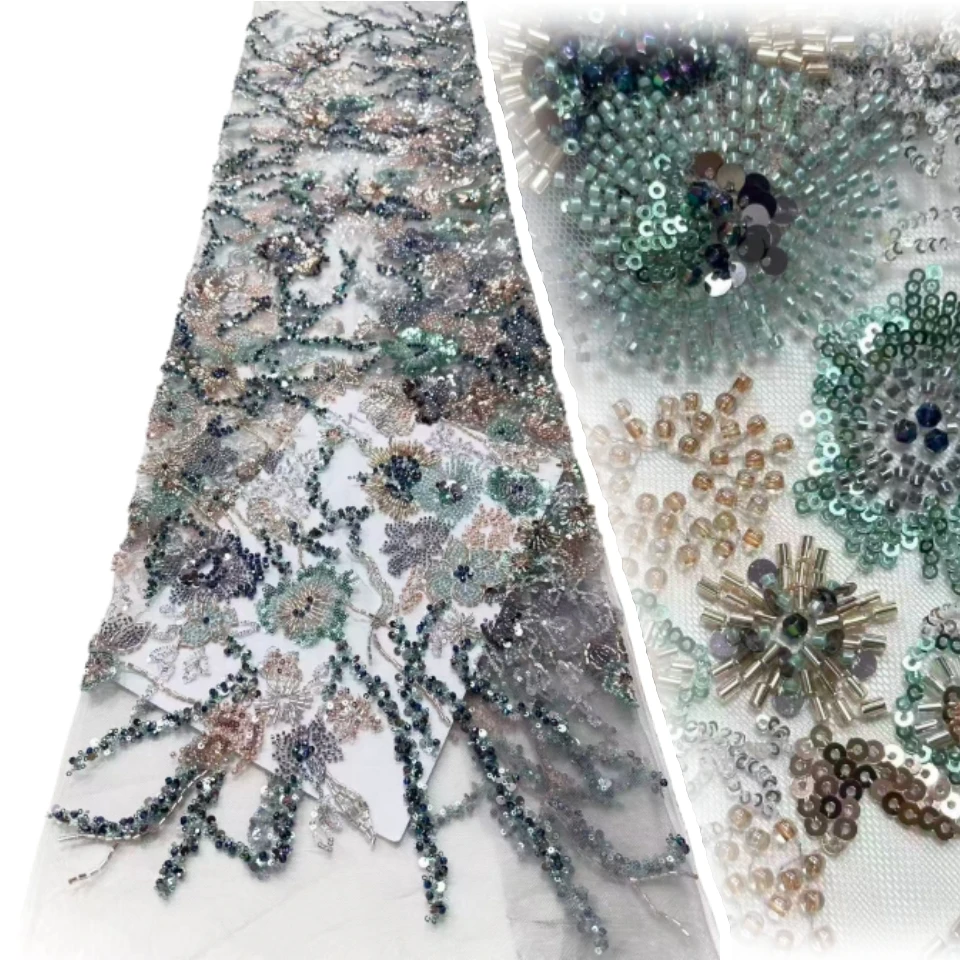 قماش دانتيل لؤلؤ ترتر أفريقي 2026 جودة عالية قماش دانتيل تول مطرز ثقيل نيجيريا لفستان حفلات الزفاف SZ1818 #1