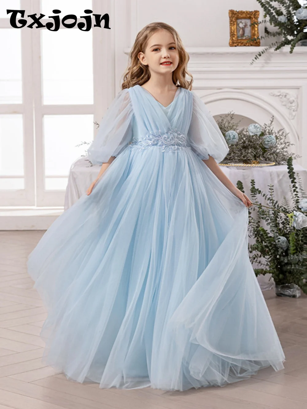 

Flower Girls Dress For Wedding Elegant Vneck Puff Sleeve Princess Gown For Piano Performance Kids A-line Long Birthday Dresses