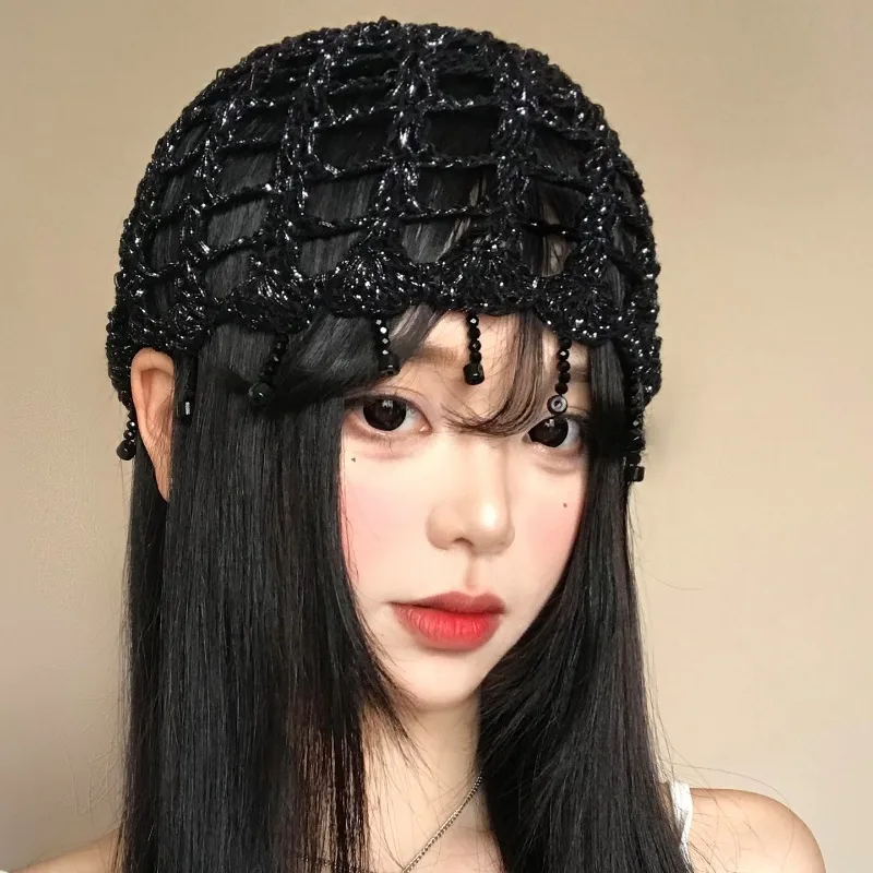 

Niche Fashion Bohemian Style Beaded Fringed Cutout Pullover Cold Hat Women's Summer Breathable Knit Bowler Beanie Caps