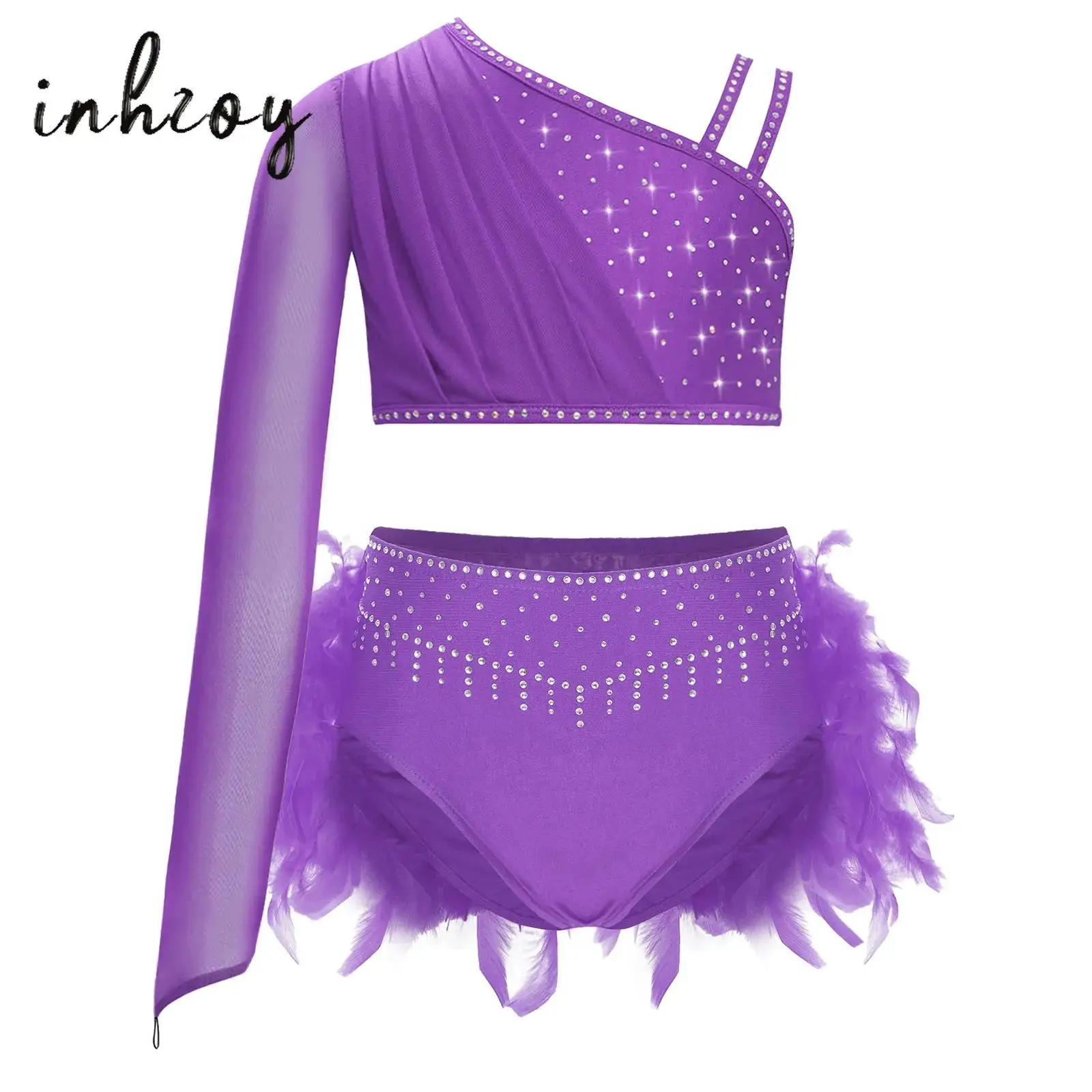

Kids Girls Ballet Lyrical Dance Costumes Sheer Mesh Long Sleeve Asymmetrical Shoulder Rhinestones Crop Top+Feather Brief Bottoms