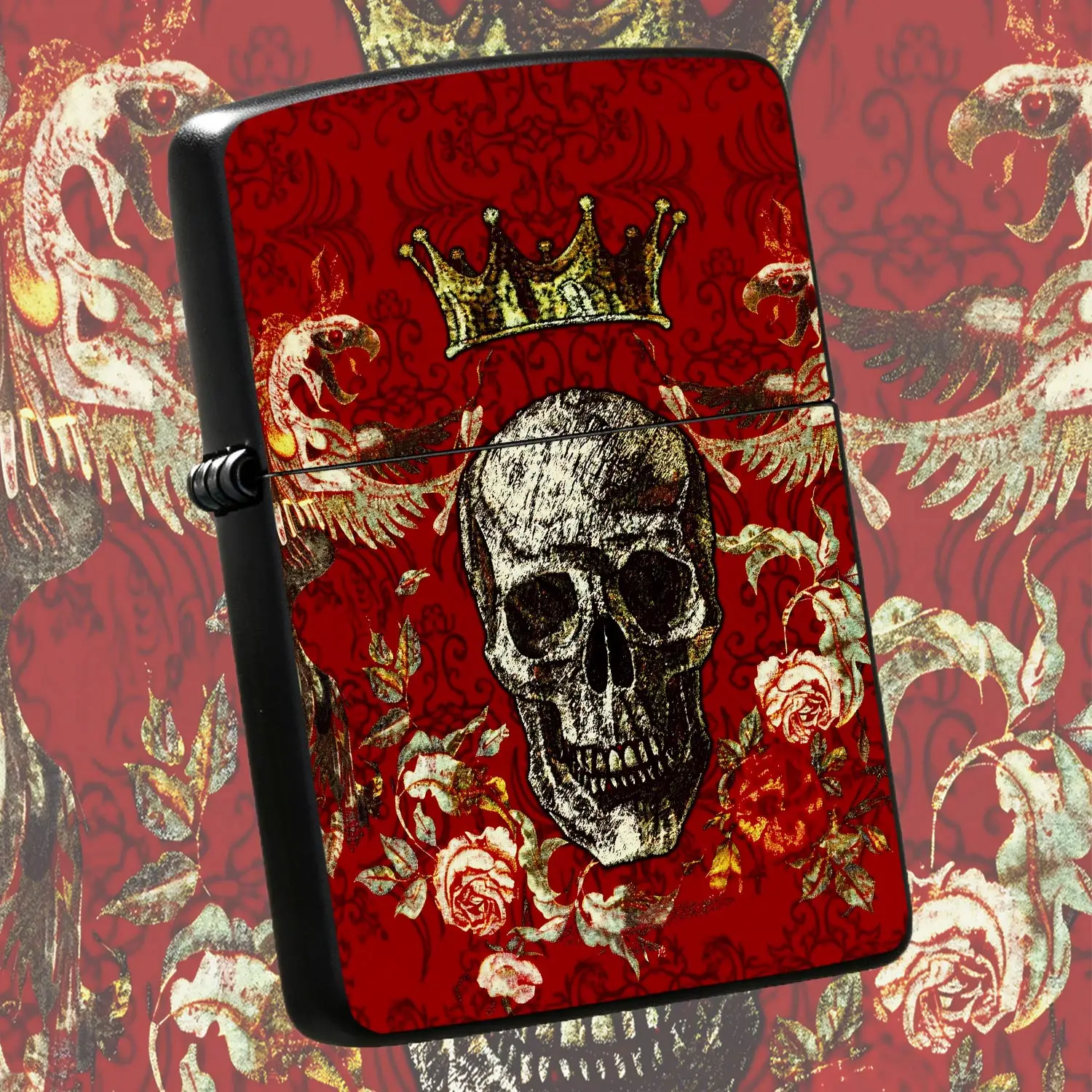 Vintage Crowned Skull Lighter With Symmetric Phoenix And Blooming Rose Pattern, Retro Distressed Red Damask Background, Exquisite Portable Decorative Accessory For Daily Use Party Camping Gifting, Unique Stylish Must-H A Humorous And Intere