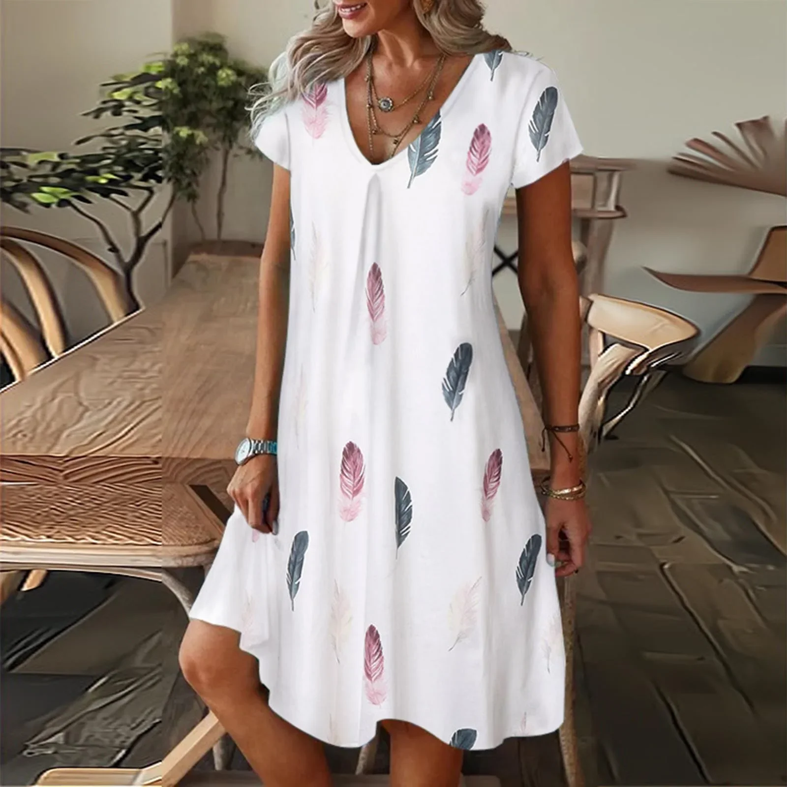 

Feather Print A-Line Dresses Women Summer 2025 Clothing Short Sleeve V-Neck Mini Dress Elegant Bohemian Sundress Beach Vestidos
