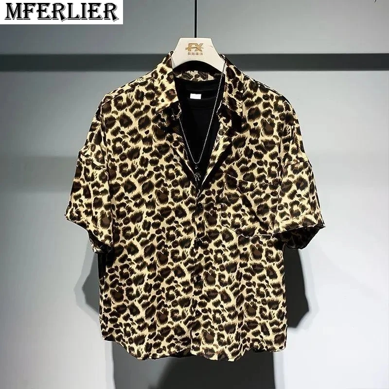 

summer men leopard shirt short sleeve casual shirts pockets vintage oose fashion high street shirt thin mferlier