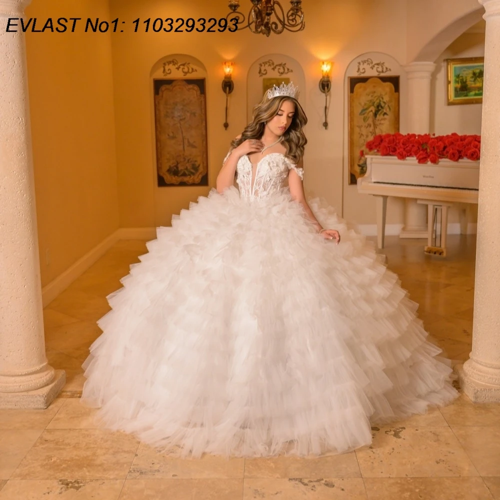 

EVLAST Customized Mexican Ball Gown Quinceanera Dress Lace Applique Beading Tiered Corset Sweet 16 Vestidos De 15 Anos E1QN194