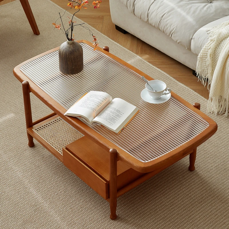 

Nordic and Japanese Style Tea Table Solid Wood Rattan Changhong Glass Living Room