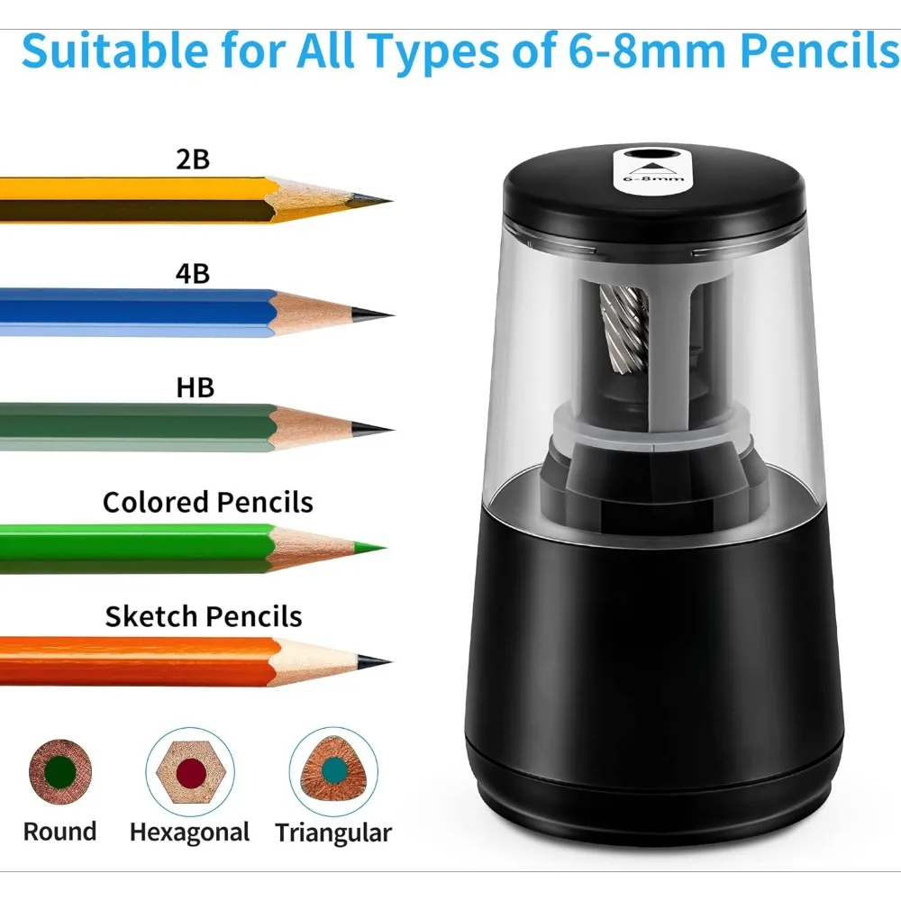مبراة أقلام رصاص كهربائية، شفرة حلزونية شديدة التحمل لشحذ سريع، توقف تلقائي لأقلام الرصاص الملونة رقم 2 (6-8 مم)