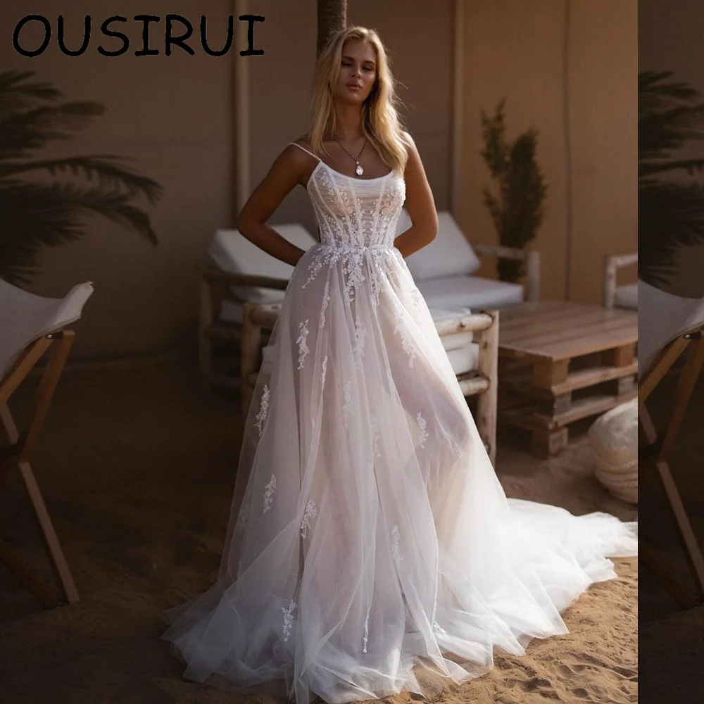Spaghetti Straps Tulle Illusion Bridal Wedding Dress with Appliques Lace A-line Court Wedding Gown Vestido de novia