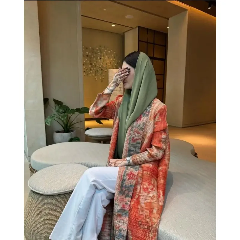 Pleated Fashion Print Trench Coat Women Open Stitch Full Sleeve Lace-up Loose Outwear 2024 Autumn New Windbreaker
