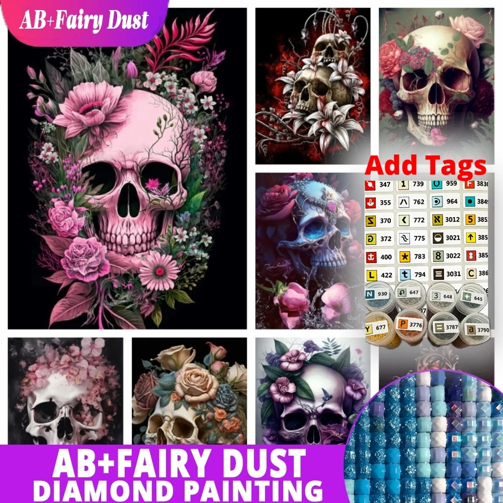 AB Fairy Dust Halloween Flower Sugar Skull Diamond Painting Art Mexican Day Of The Dead Horror Death Skeleton Rose Crystal Cross