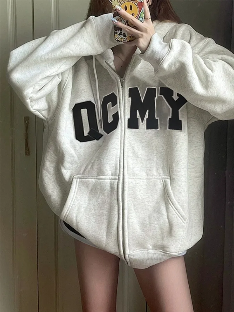 

Vintage American Style High Street Autumn Winter Sweaters Hooded Collar Loose Sweatshirts Letter Print Zipper Chic Hoody Jacket