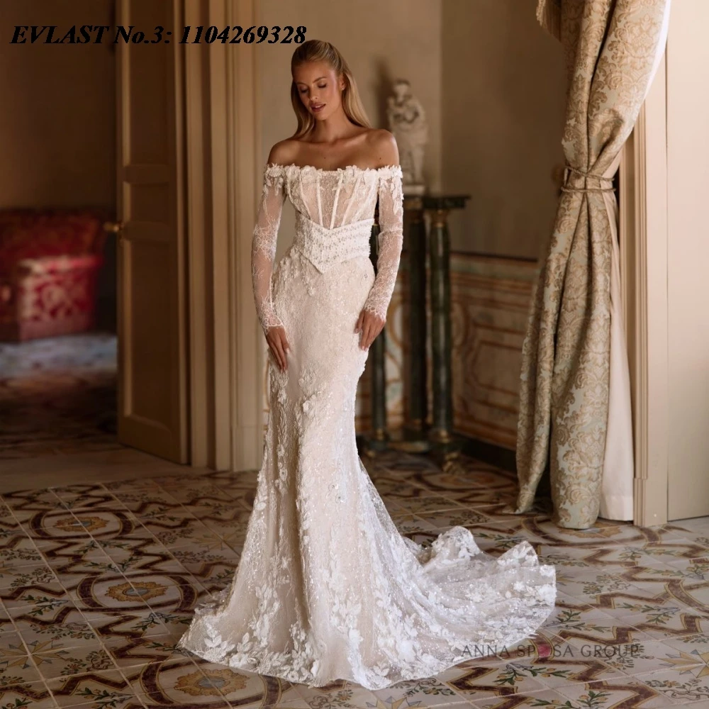 EVLAST مخصص خمر حورية البحر فستان الزفاف كم طويل الدانتيل زين الديكور مثير فستان زفاف Vestidos De Novia E3W74