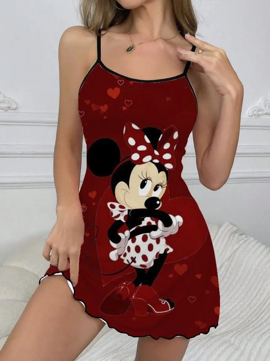 Sukienka na ramiączkach wycięcie pod szyją modne letnie sukienki 2024 Disney sałata wykończenia eleganckie sukienki dla kobiet Minnie Mouse Chic Mini Sexy wykończenia